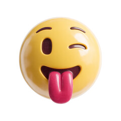Fototapeta premium Plastic-style emoji face icon with wink and tongue, isolated on transparent background .