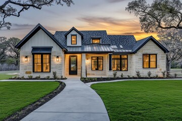 A delightful modern house stands at sunset, showcasing its lovely exterior and beautifully landscaped yard, all illuminated with warm lighting in a serene neighborhood