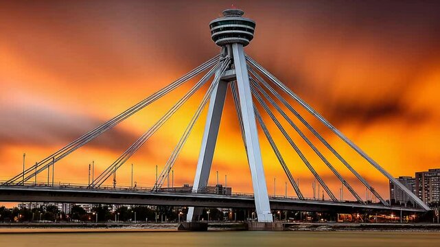 Donauturm and Reichsbr?cke Bridge Vienna Austria: Time-Lapse Sunset with Clouds