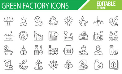 Green Factory Icons Featuring Renewable Energy, Recycling, and Sustainability