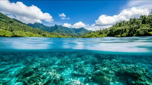 Tropical paradise with crystal-clear waters, lush vegetation, and vibrant coral reefs evokes themes of vacation, biodiversity, and escapism azure hues underwater serenity