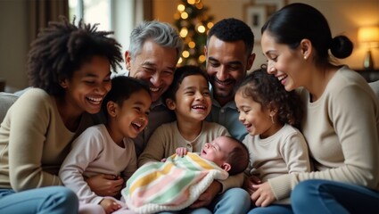 Fototapeta premium Multicultural Family Welcoming Newborn Baby with Joy