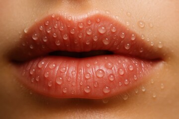  A close up of a woman's lips with water droplets on it