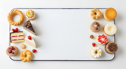 Assortment of miniature dessert models like cakes and donuts forming a frame on a white background with copy space. Top view flat lay.
