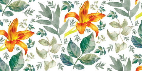 Watercolor Painting Featuring Lilies and Various Green Foliage Arrangements