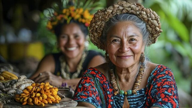 Two smiling indigenous women, adorned in traditional headdresses and jewelry, sit before a display of tropical fruits