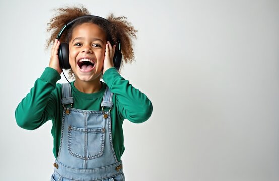 Excited girl wearing headphones, covering ears on white studio background. Happy child streaming music. Reaction to audio, possible sensitivity to sound. Young female with earphones enjoys listening. - Powered by Adobe