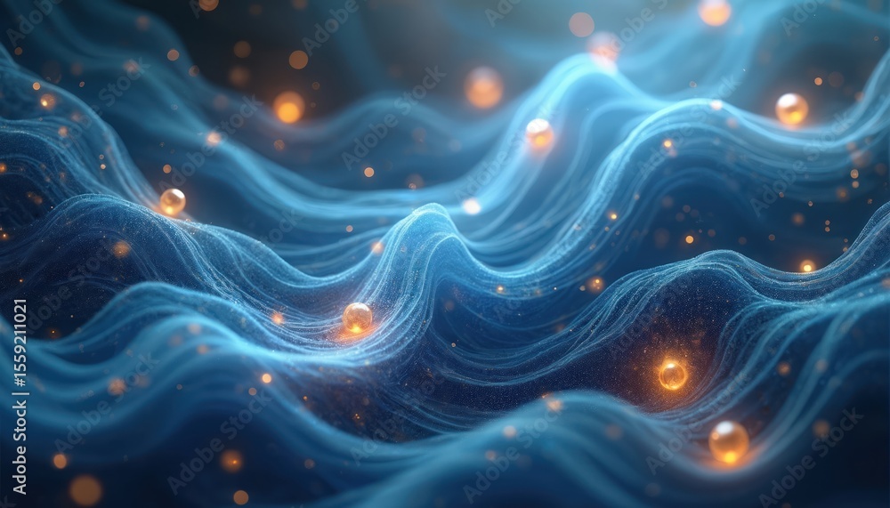 Poster abstract digital artwork shows blue ethereal streams with radiant golden spheres. futuristic, modern