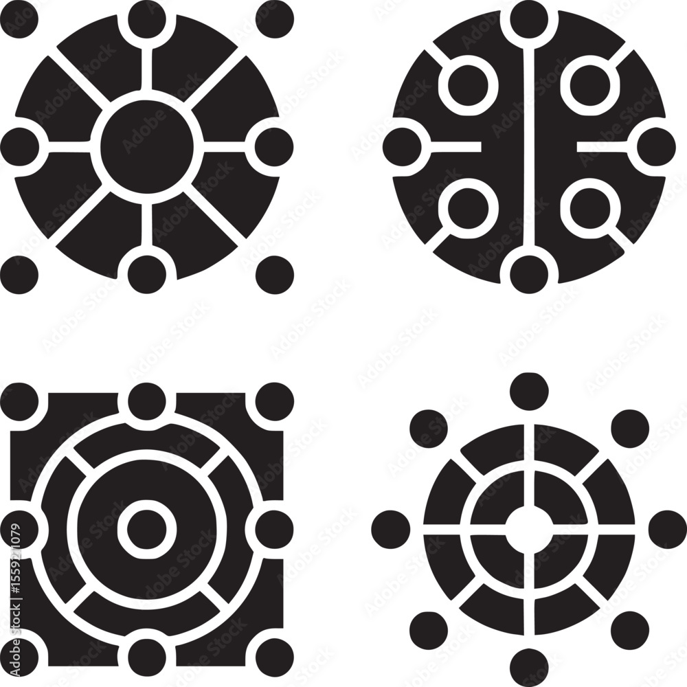 Poster a collection of four geometric shapes each featuring circles and dots in a black and white design