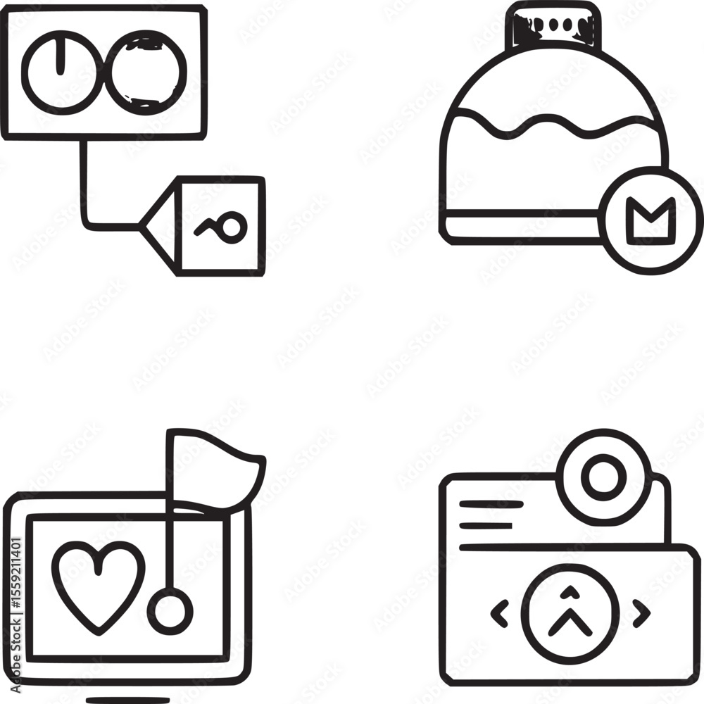 Poster a collection of four different icons featuring various designs and color schemes neatly arranged