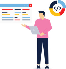 Development concept with cartoon people in flat design for web. Woman programming and coding new products, testing programs, making quality reports with technical solutions. Vector illustration. stock