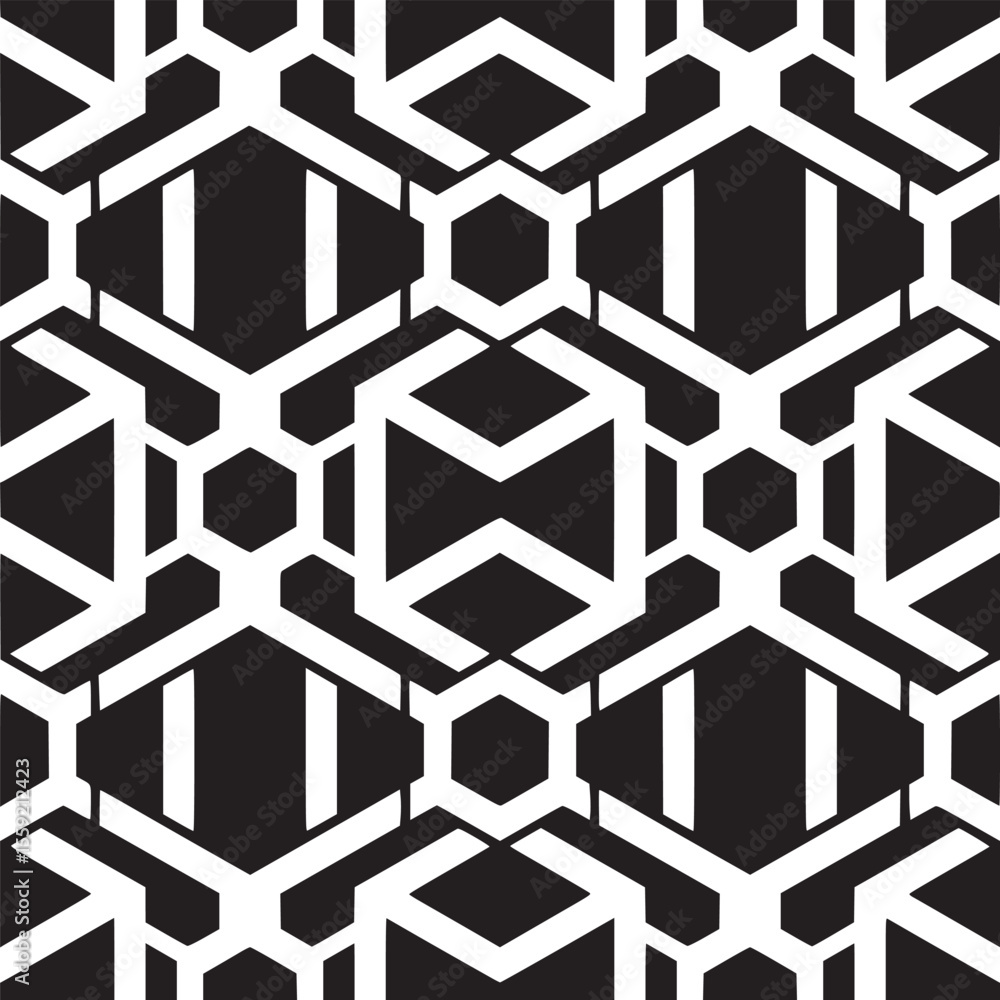 Poster geometric pattern with black and white shapes featuring hexagons diamonds and other polygons design