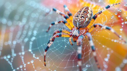 Ornate spider in intricate web with dew drops.