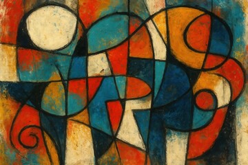 A painting of a blue, orange, and red abstract design