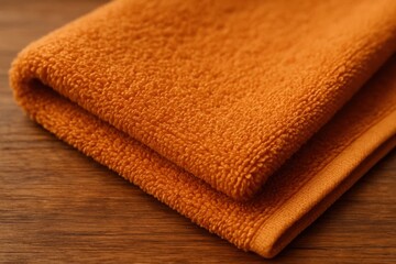 A stack of orange towels on a wooden table