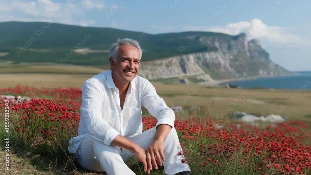 Poster a man is sitting in a field of red flowers. he is smiling and he is enjoying the scenery