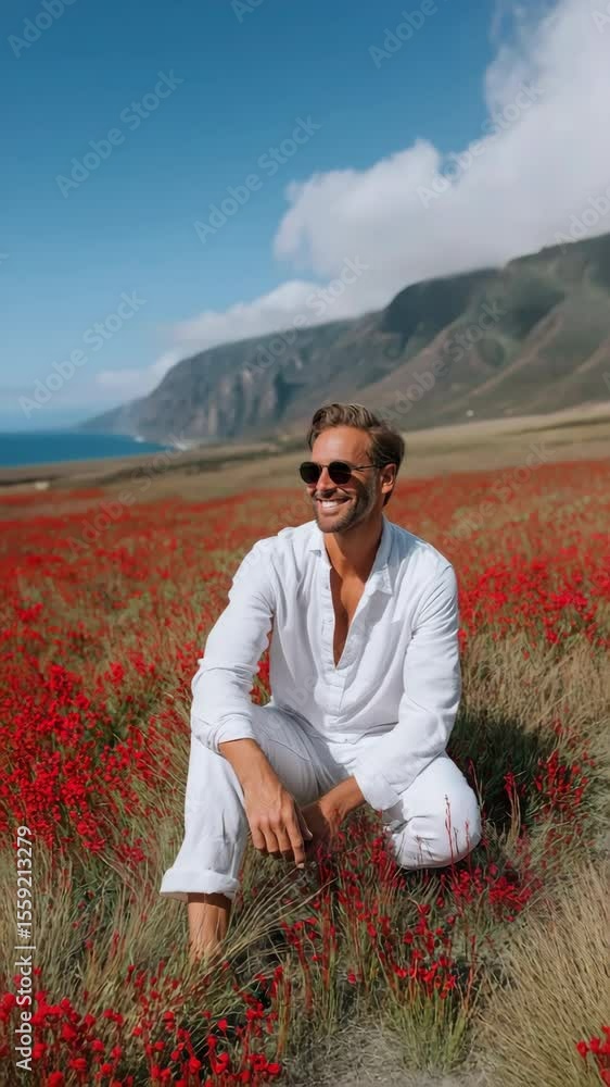 Poster a man is sitting in a field of red flowers. he is smiling and he is enjoying the scenery