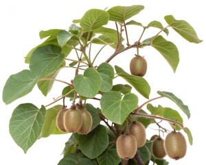 Whole Kiwi Vine Plant with Fruits Isolated on White Background