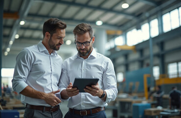 Two businessmen discuss project over digital tablet at factory. Colleagues engineers look at tech innovation, planning. Teamwork, partnership, tech. Smart industry concept.