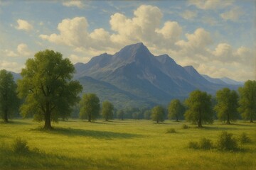 A painting of a grassy field with trees and mountains in the background