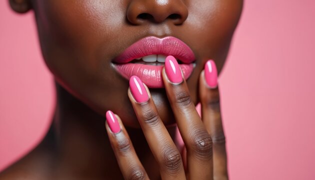 Close-up of female face with pink nail manicure. Pink gel polish on nails. Woman touches her lips. Beauty, fashion concept. Lips and nails. Beauty treatment at studio, cosmetics. - Powered by Adobe