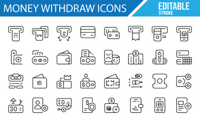 Digital Wallet, ATM, and Credit Card Icons for Payment and Money Withdrawal
