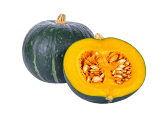 A whole and halved kabocha squash isolated on transparent background
