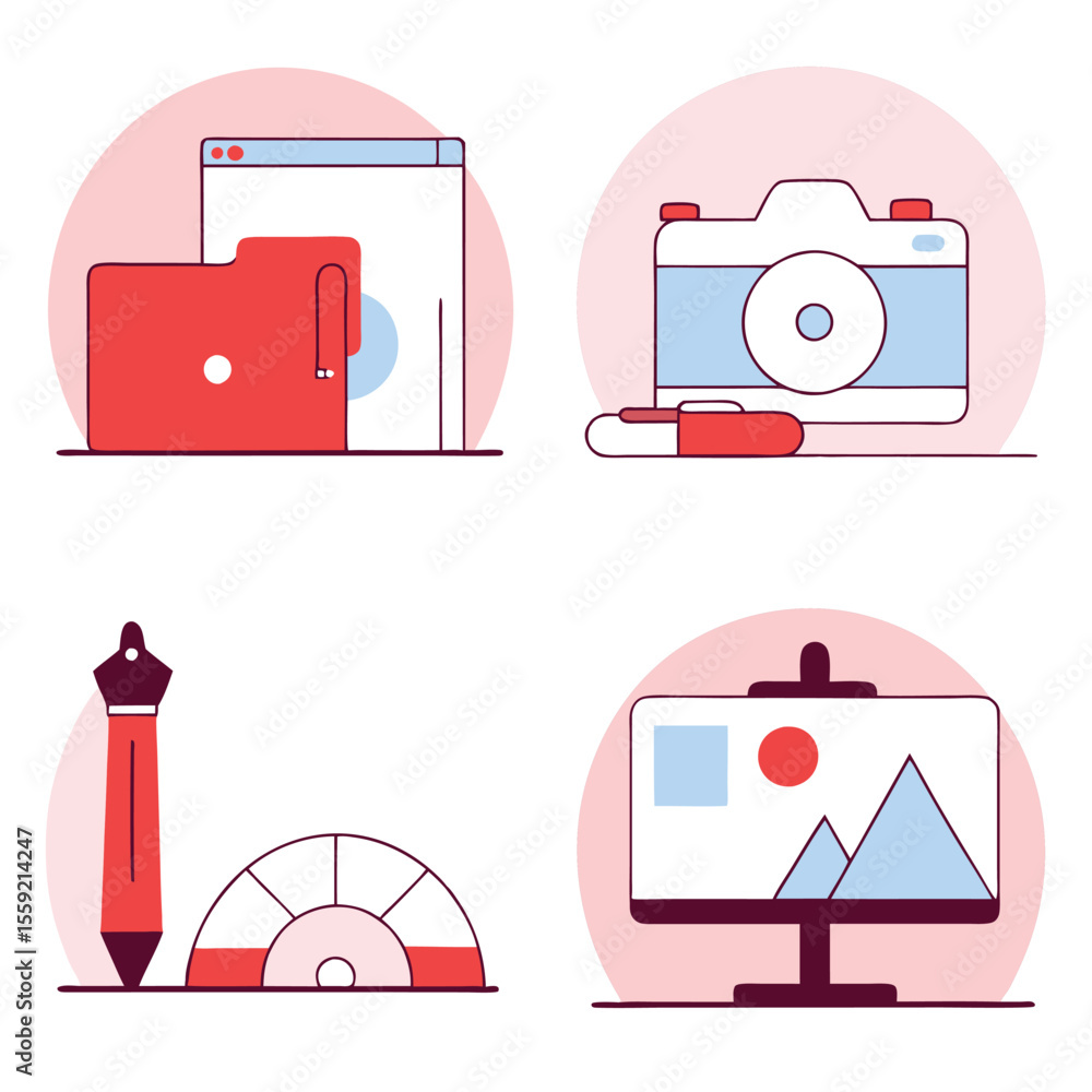 Poster creative tools and digital assets collection featuring camera folder stylus and monitor