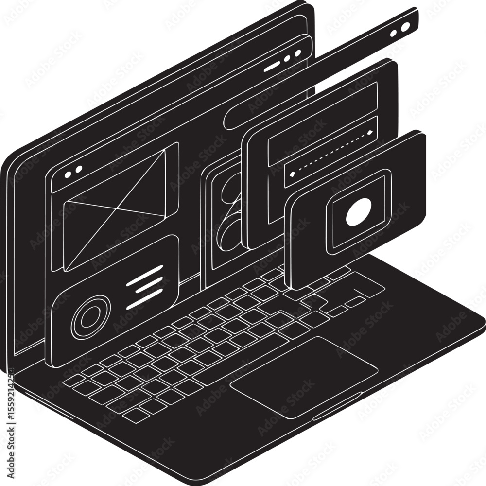 Poster isometric black and white illustration of laptop with floating user interface elements design