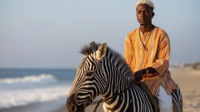 A man is riding a zebra on a beach. The man is wearing an orange shirt and black gloves. The zebra is standing on the sand, and the beach is visible in the background