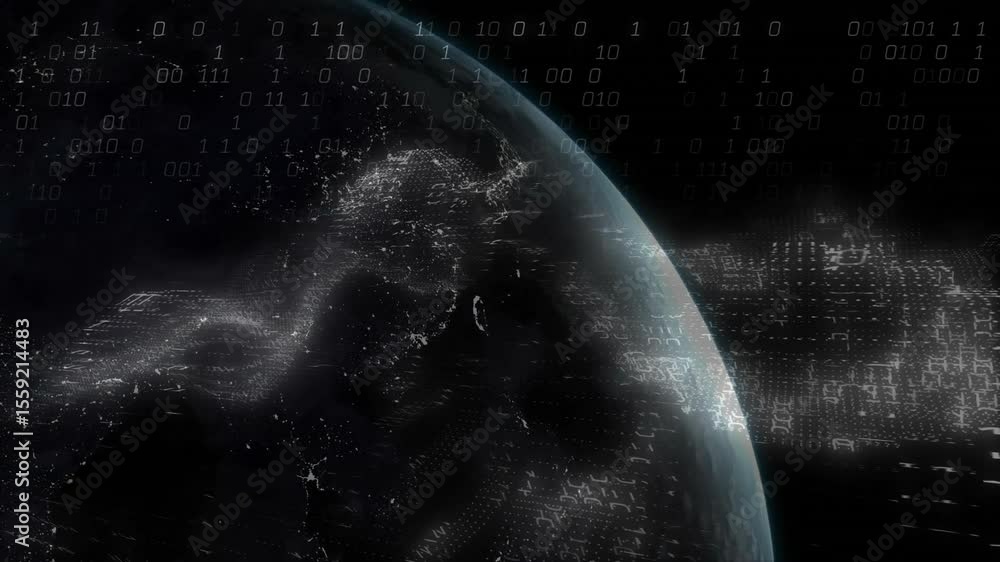 Poster Rotating 3D globe causing binary digits to form ring while streams rising to show data network