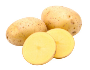 Two whole potatoes and two potato slices isolated on transparent background