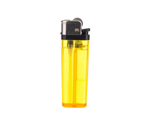A yellow plastic lighter isolated on transparent background