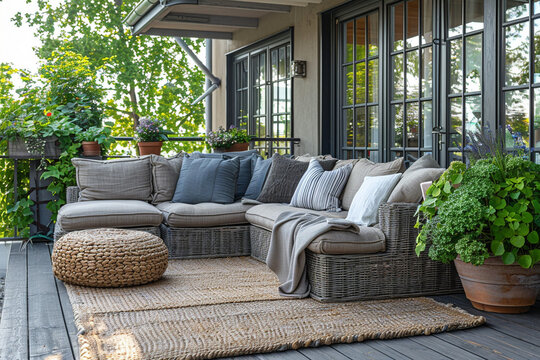 Outdoor patio furniture arrangement with comfortable seating and potted plants.