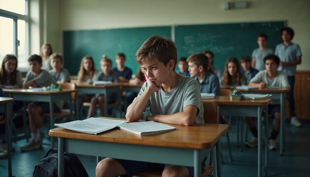 Teen boy feeling overwhelmed and isolated while studying in a crowded classroom