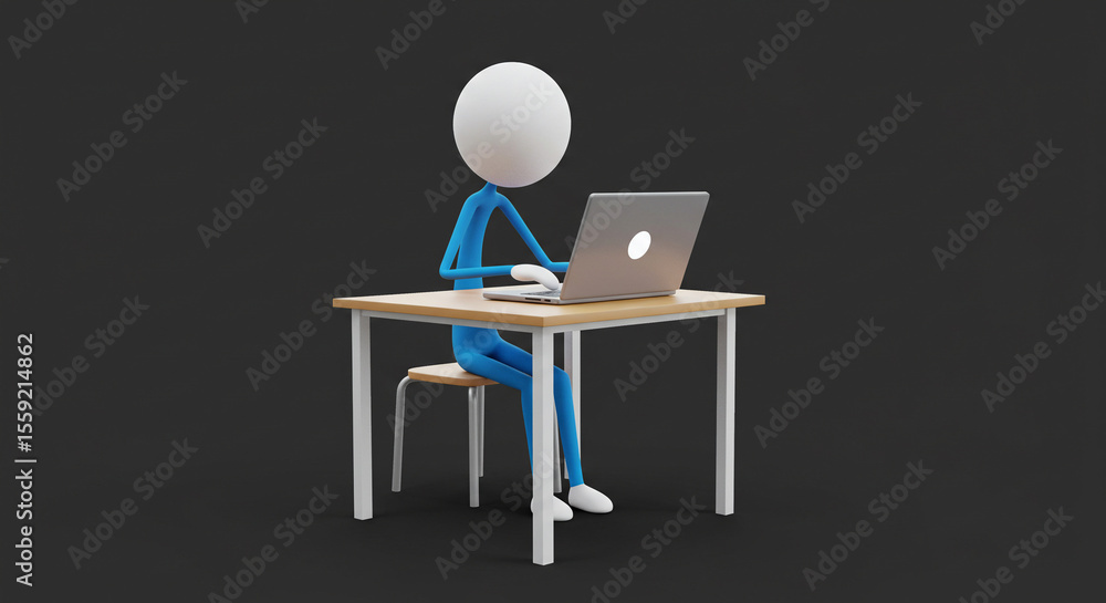 Poster stick figure using laptop computer at desk concept for remote work and online learning illustration