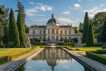 Obraz premium Elegant classical palace with manicured gardens and reflecting pool on a sunny day