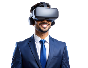 Businessman in VR headset futuristic transparent background 