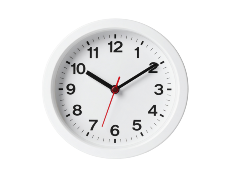A white clock showing ten oclock isolated on transparent background