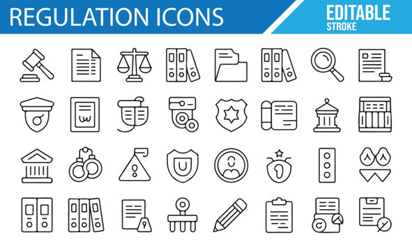 A Collection of Legal, Regulatory, and Government Icons for Compliance and Law

