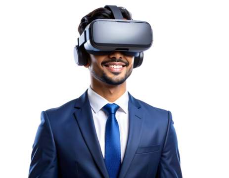 Businessman in VR headset futuristic transparent background 