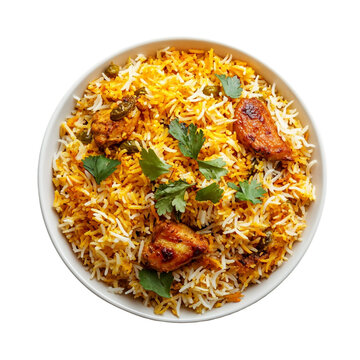 Delicious chicken biryani in a bowl garnished with parsley a flavorful rice dish