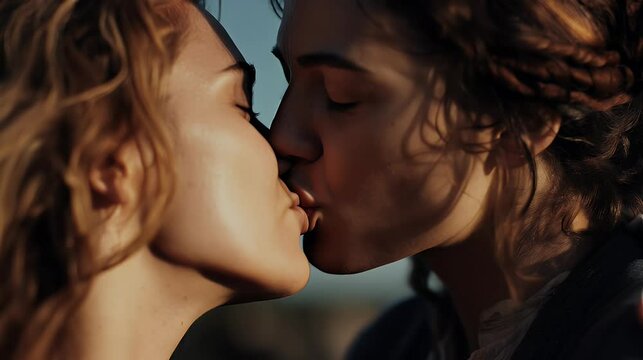 Warm sunlight lights two women kissing at golden hour