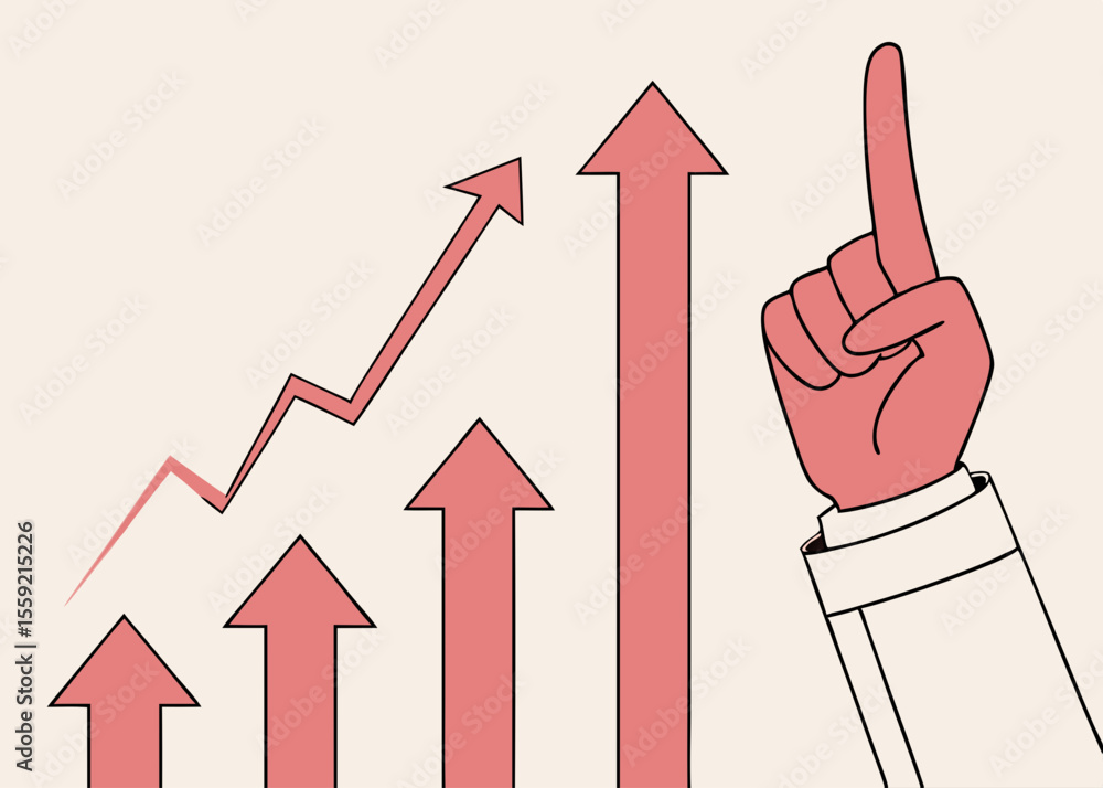 Poster ascending arrow chart with pointing hand suggesting growth progress and achievement on a transparent