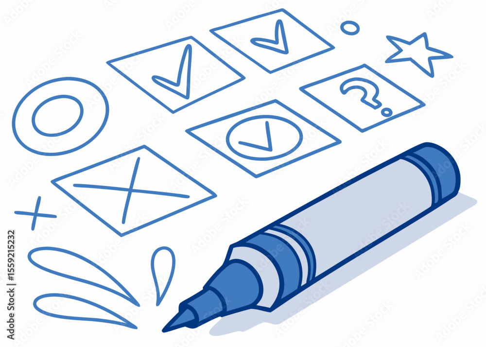 Poster blue outline of a marker pen with checkboxes and symbols on a white background suitable for various 