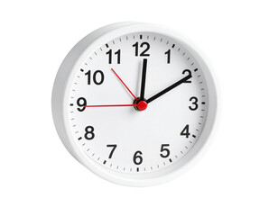 A white clock showing twelve oh ten isolated on transparent background