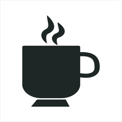 Simple dark silhouette of a steaming coffee cup on a white background.