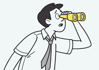 Fototapeta premium Businessman using binoculars cartoon illustration exploring discovering opportunity or future vision on a white background
