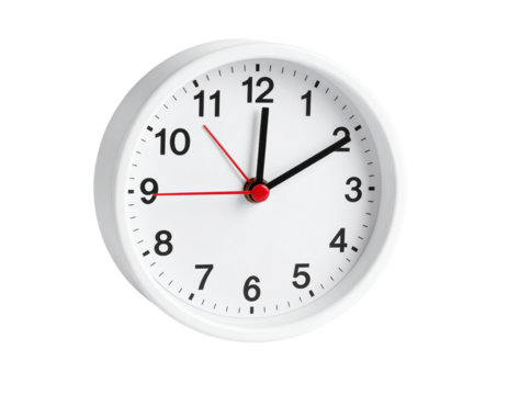 A white clock showing twelve oh ten isolated on transparent background