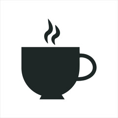 Simple dark silhouette of a steaming coffee cup on a white background.